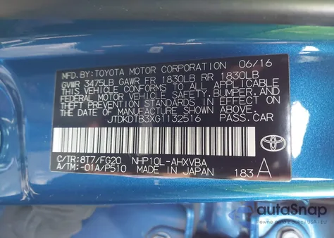 2016 Toyota Prius C Two from USA, damaged, VIN JTDKDTB3XG1132516